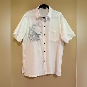 White Short-Sleeve Button-Up Shirt with Asian Inspired Dragon Embroidery 2XL